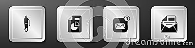 Set Fountain pen nib, Document with graph chart, Envelope and Mail and e-mail icon. Silver square button. Vector Vector Illustration