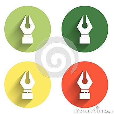 Set Fountain pen nib icon isolated with long shadow background. Pen tool sign. Color circle button. Vector Stock Photo
