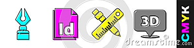 Set Fountain pen nib, ID File document, Crossed ruler and pencil and Speech bubble with text 3D icon. Vector Vector Illustration