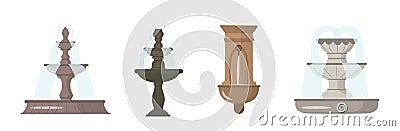 Set of fountains cartoon style. Vector illustration of old fountains for parks and houses on white background. Vector Illustration