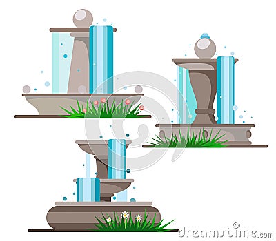 Set of fountains on a white background overgrown with flowers and grass Vector Illustration