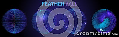 Set of four abstract fur feather blue and violet ball with light on dark gradient background Vector Illustration