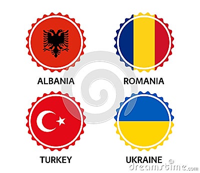 Set of four Albanian, Romanian, Turkish and Ukrainian stickers. Made in Albania, Made in Romania, Made in Turkey Vector Illustration