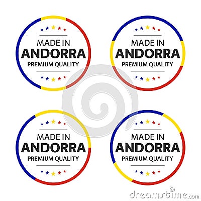 Set of four Andorran icons, English title Made in Andorra, premium quality stickers and symbols Vector Illustration
