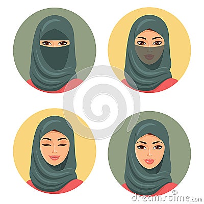 Set four Arab girls avatars in different traditional headdresses. Isolated. Vector. Young arab woman icons set girls portrait in Vector Illustration