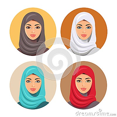 Set four Arab girls in different traditional headdresses. isolated. Vector. Young arab woman icons set girls portrait in hijab. Vector Illustration