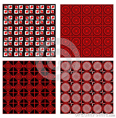 Set of four background tiles in red, white and black design with fine geometric symmetric patterns Vector Illustration