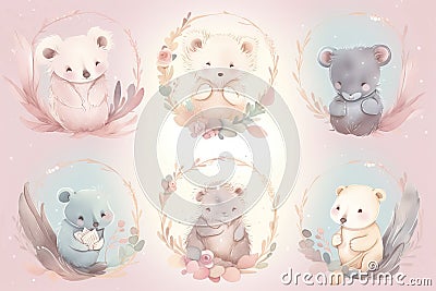 a set of four bears with flowers and leaves around them Stock Photo