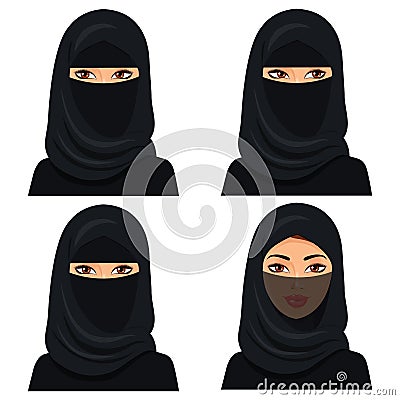 Set four beautiful young saudi woman portrait in black hijab in different face: looking left and right, closed face veil. Vector Illustration