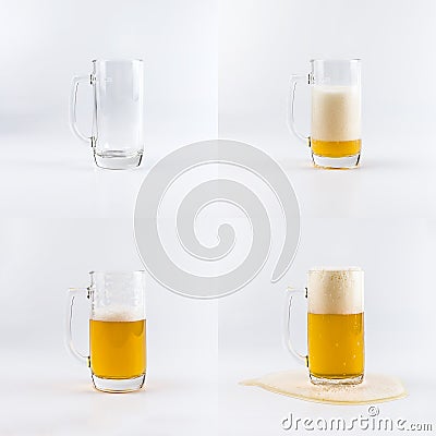 Set of four beer glasses. Filling glasses with beer sequence. Stock Photo