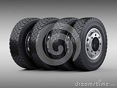 Set of four big vehicle truck tires stacked. New car wheels with Cartoon Illustration