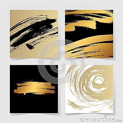 Set of four black and gold ink brushes grunge square pattern Vector Illustration