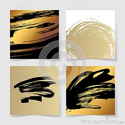 Set of four black and gold ink brushes grunge square pattern Vector Illustration