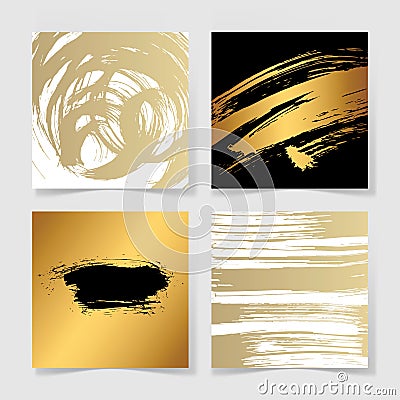 Set of four black and gold ink brushes grunge square pattern Vector Illustration