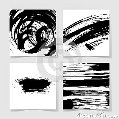 Set of four black ink brushes grunge pattern, hand drawing backg Vector Illustration