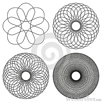 Set of four black line spirograph abstract elements Vector Illustration
