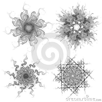 Set of four black snowflakes on a white background. Abstract computer generated fractal image of a snowflake Stock Photo