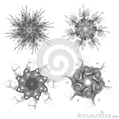 Set of four black snowflakes on a white background. Abstract computer generated fractal image of a snowflake Stock Photo