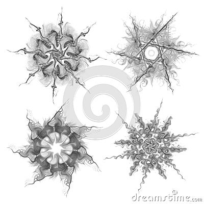 Set of four black snowflakes on a white background. Abstract computer generated fractal image of a snowflake Stock Photo