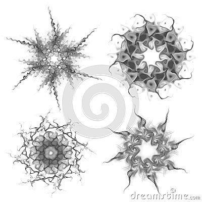 Set of four black snowflakes on a white background. Abstract computer generated fractal image of a snowflake Stock Photo
