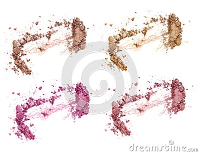Set of four blushes and face corrector isolated on white. Crushed blushes set in trendy bright colors. Stock Photo