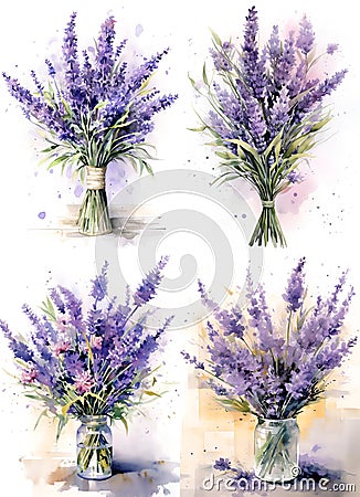 a set of four bouquets of wildflowers on a white background, an isolated background, Stock Photo