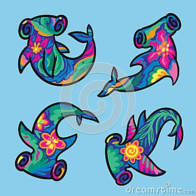 Set of four bright floral hammerhead shark in hand drawn style Vector Illustration