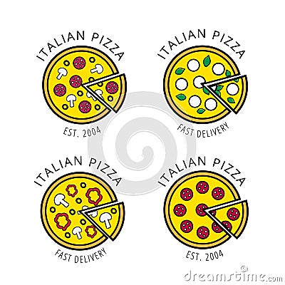 Set of four bright pizza logos for delivery, product, cafe, restaurant, pizzeria Vector Illustration