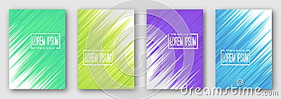 Set of four brochures, posters, flyers. Green yellow purple blue stripes diagonally. For your design. Vector Illustration