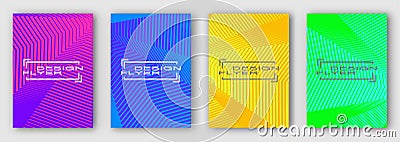 Set of four brochures, posters, flyers. Multi colored geometric lines with curves. Purple blue orange green. Vector Illustration