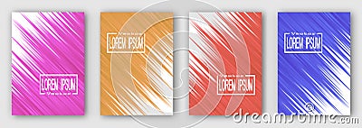 Set of four brochures, posters, flyers. Pink orange red blue stripes diagonally. For your design. Vector Illustration