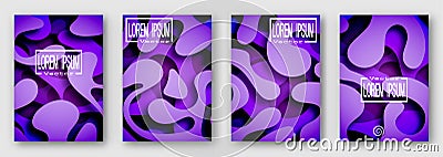 Set of four brochures, posters, flyers. Three dimensional shape with the shadow. Paper style. Purple tones. Vector Illustration