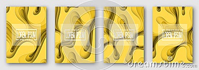 Set of four brochures. Yellow. Paper style. Volume waves with shadow. For text and your design. Vector Illustration