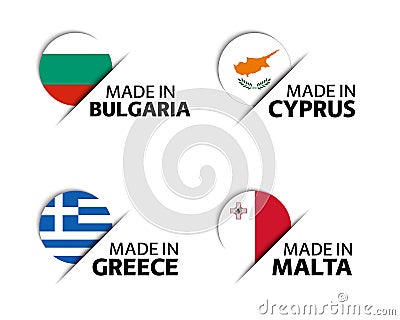 Set of four Bulgarian, Cyprus, Greek and Malta stickers. Made in Bulgary, Made in Cyprus, Made in Greece and Made in Malta Vector Illustration