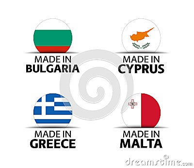 Set of four Bulgarian, Cyprus, Greek and Malta stickers. Made in Bulgary, Made in Cyprus, Made in Greece and Made in Malta Vector Illustration