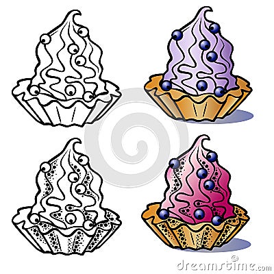 set of four cakes and blueberries in black and white, color and texture Vector Illustration