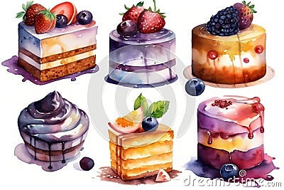 a set of four cakes with different toppings on top of each cake, with berries and blueberries on top of each cake, on a white Stock Photo