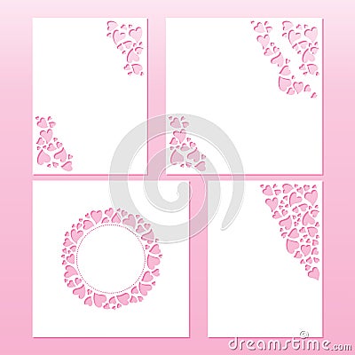 Set of four cards with openwork pattern of hearts. Laser cutting vector templates. Vector Illustration