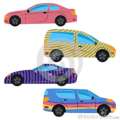 A set of four cars painted in different colors Vector Illustration