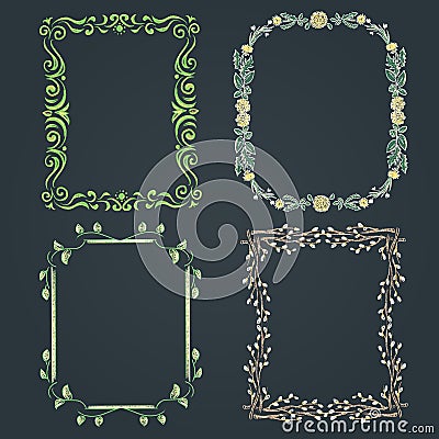 Set of four chalk drawn different spring frames on a blackboard Vector Illustration