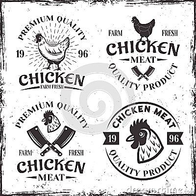Set of four chicken meat emblems, labels or badges Vector Illustration