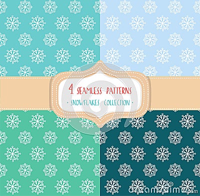 Set of four Christmas seamless vector patterns with snowflakes. Vector Illustration