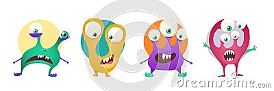 Set of four color stickers with cute monsters. Cartoon illustration vector. Vector Illustration