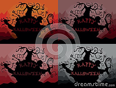 Set of four colored happy halloween landscape illustrations Vector Illustration