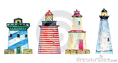 Set of four colorful cartoon lighthouses. Hand drawn watercolor illustration Cartoon Illustration