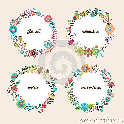 Set of four colorful vector floral wreaths Vector Illustration