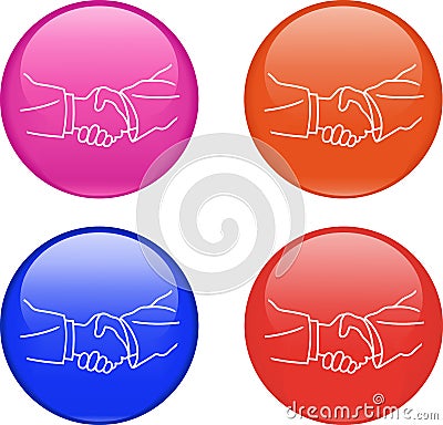 Set of four colors vector glossy buttons with shaking hands Stock Photo
