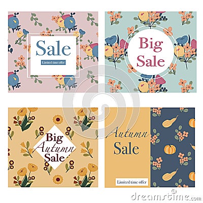 Set of four comercial banners with autumn flowers.Creative template Stock Photo