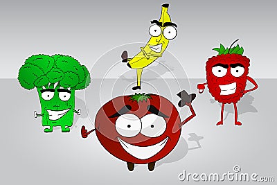 Set of four comic food hand drawn characters. Broccoli, banana Stock Photo