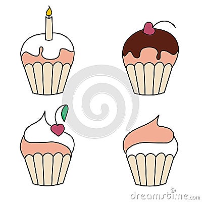 set of four cream pies decorated with cherries and candles, birthday celebration, heart-shaped cherry, Valentines day card, Vector Illustration